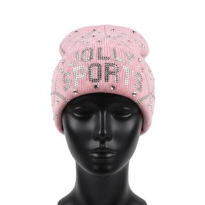 Gorro de Punto Acrílico para Mujer, Color Rosa Suave, con Pedrería y Logotipo Personalizado, Gorro de Moda con Diseño Jacquard - Product Image 1