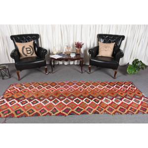 Alfombra de lana turca vintage de 35x94 pies, Alfombra de sala de estar de tejido plano de retazos rojos con respaldo de látex para decoraciones - Product Image 2