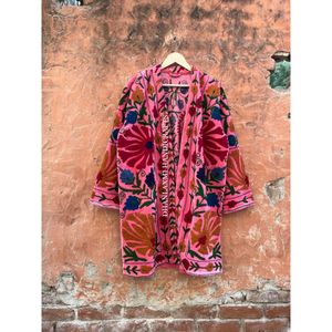 Suzani กิโมโนกำมะหยี่สีชมพู,ชุดคลุมอาบน้ำพิมพ์ลายดอกไม้ผ้าฝ้ายอินเดียชุดคลุมอาบน้ำชุดแม็กซี่เสื้อคลุม Boho สำหรับทุกเพศ - Product Image 3