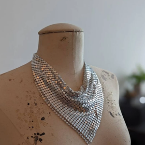 Silver Mesh Bandana <b>Necklace</b> - Metal Metallic Triangle Draped Chunky <b>Necklace</b> Fringe <b>Beaded</b> <b>Necklace</b> Fringe <b>Beaded</b> Bandana - Product Image 2