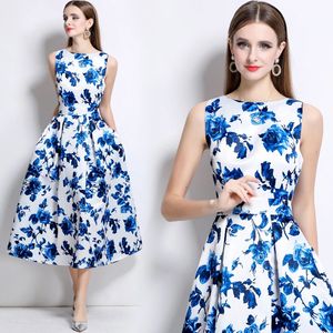 Robe d'été romantique <span class=keywords><strong>sans</strong></span> manches à taille haute, jupe mi-longue de style socialite, coupe trapèze avec une couture tissée tridimensionnelle - Product Image 4