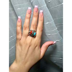 Handmade Navajo Multi-Stone Bezel-<b>Set</b> <b>Ring</b> Size 11.25 Featuring <b>Sterling</b> <b>Silver</b> & Coral Gemstone for Everyday Wear-IGI Certified - Product Image 5