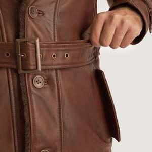 Manteau d'hiver pour homme en cuir marron vieilli avec fourrure, long, à capuche, imperméable, imprimé, garnissage en laine - Product Image 6
