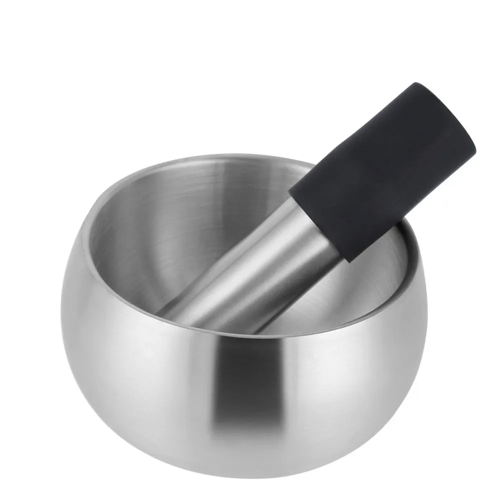 Kitchen Tools 304 Stainless Steel Herb Bowl Spice Grinder Mortar And Pestle With Non-slip Silicone Handle