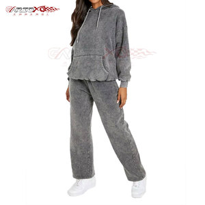 Survêtement délavé à l'acide pour femmes avec capuche à manches longues et bas à taille élastique Survêtement délavé à l'acide pour femmes - Product Image 1