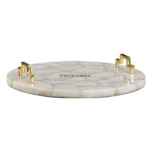 Cadre et poignées de concepteur de corde en métal plaqué or d'arrivée de modèle unique élégant pour le plateau de service de marbre blanc de forme ronde - Product Image 6