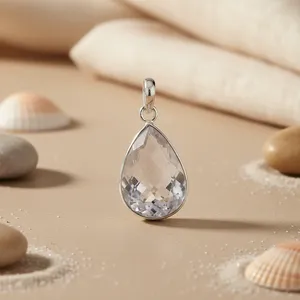Colgante Minimalista Elegante de Plata de Ley 925 con Baño de Oro y Cuarzo Ahumado en Forma de Lágrima, Amuleto Religioso para Mujer - Product Image 1