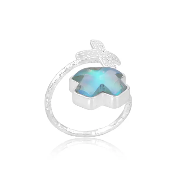 Penjualan Terbaik Sterling Silver Aurora Opal langit Cabochon batu permata salib cincin perhiasan produsen