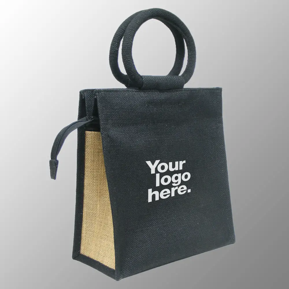 custom printed jute bag with zip top closure and round cotton web handles padded with rope inside new style jute gift bag