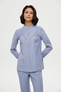 Conjunto de uniforme médico azul claro para mujer: blusa de manga larga y pantalón acampanado, uniforme hospitalario de tejido de elastano/poliéster con detección de agujas - Product Image 4