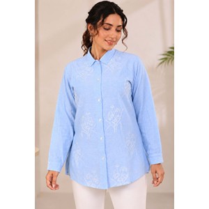 Mehrzadi Jahanara Blusa de Punto Holgada para Mujer, Azul, con Bordado Floral, Estilo Bohemio Casual de Primavera, Talla XL - Product Image 1