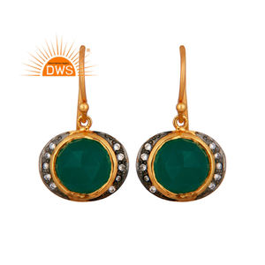 ต่างหูเงินแท้18K ชุบทองธรรมชาติ CZ & พลอยโอนิกซ์สีเขียวแบบห้อยผู้ผลิตเครื่องประดับชั้นดี - Product Image 1