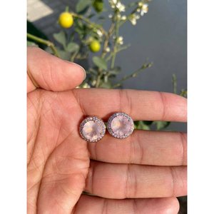925 Silver Rose Quartz <b>Stud</b> <b>Earrings</b> with Gold Plating Cute Style Bezel Setting for Wedding Engagement or Party - Product Image 3