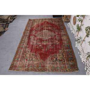 <b>Vintage</b> Turkish <b>Rug</b> 6x9.6ft Red Beige Large Area Woolen Patchwork Design Latex Backing for Hallway Bedroom Rectangular Shape - Product Image 1