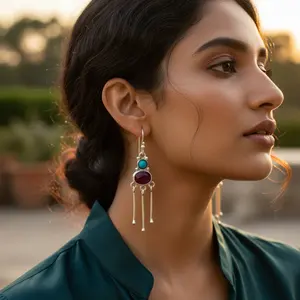 Pendientes de Plata 925 con Turquesa y Rubí para Mujer, Joyería de Moda, Regalo - Product Image 2