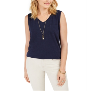Canotta da donna Style Co in cotone basic con scollo a V, traspirante, lavorata a maglia, blu, taglia L - Taglia unica, casual, per palestra, corta - Product Image 1