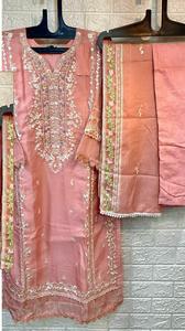 New Pakistani Original Designer Embroidery Kurtis with <b>Silk</b> Stitch Pent and <b>Organza</b> Dupatta Suit for Online Sale - Product Image 3