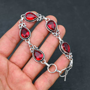 Lab-Created Red Garnet Gemstone Handmade 925 <b>Silver</b> Plated <b>Chain</b> Style <b>Bracelet</b> Designer Fine Jewelry Gift - Product Image 2