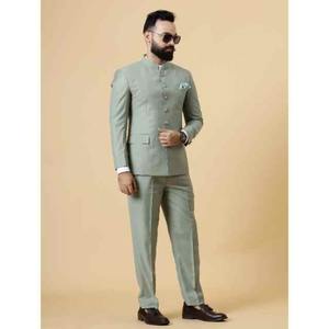 Traje Jodhpuri verde lujoso de diseñador para hombre, transpirable, antiarrugas, poliéster/algodón largo para novios y eventos - Product Image 2