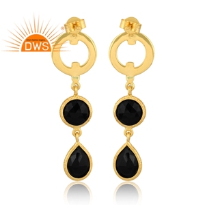 Best Selling Sterling <b>Silver</b> 18K Gold Plated Natural Black Onyx Gemstone <b>Dangle</b> <b>Earring</b> Demi Fine Jewelry Manufacturer - Product Image 4