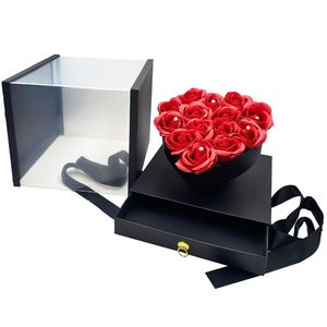 Scatola regalo a forma di cuore con 14 rose rosse e cassetto gioielli per San Valentino compleanno o anniversario 27x27x24, 5cm - Product Image 1