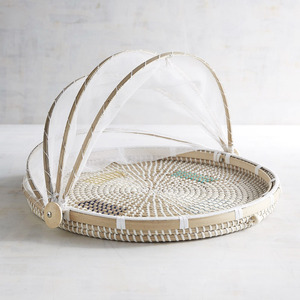 Couverture naturelle en herbe de mer avec tente en filet pour la protection des aliments, plateau rond en paille d'herbe de mer avec filet pliable - Product Image 1