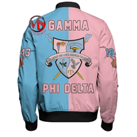 Nouvelle Arrivée Blousons Bomber Sororité Gamma Phi Delta Imprimés par Sublimation, Doublure Matelassée Bicolore, Poches à Rabat, Col Montant, Hiver