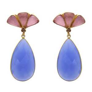 Boucles d'oreilles en pierre de lune naturelle, argent Sterling 925, pierre de lune arc-en-ciel et calcédoine bleue, plaqué or - Product Image 3