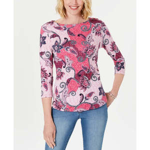 Top da Donna Charter Club in Cotone Rosa Stampato, Manica 3/4, Stile Casual e Formale, Taglia XS - Product Image 1