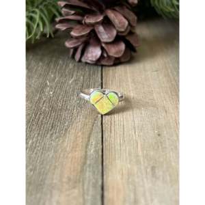 Zuni Handmade Yellow Opal (<b>Man</b>-Made) Sterling <b>Silver</b> Lover's <b>Ring</b> Size 6.25 Tarnish-Free Bezel Setting Stainless Steel Inlay - Product Image 1
