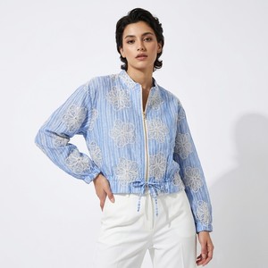 Chaqueta Ligera de Chifón Casual con Rayas Verticales Cortas, Cierre de Cremallera y Bordado en Inglés, Talla Única, Apta para Tallas 36-42 - Product Image 1