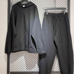 Jersey de peso pesado para hombre, chándal de algodón tejido con gofres, sudaderas con capucha y pantalones de chándal sólidos, conjunto de dos piezas para correr de primavera - Product Image 3