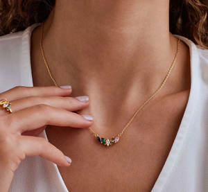 Collier barre multicolore en pierres précieuses marquise, plaqué or 10 carats, maillons sertis à griffes, fait main, bijoux de luxe tendance pour cadeau de mariage - Product Image 5