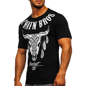 T-shirt à manches courtes noir pour homme, motif crâne de taureau, coupe classique, col rond, tissu jersey imprimé, streetwear, 100% coton - Product Image 3