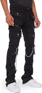 Pantalones cargo negros para hombre, decoración de cadena, pantalones vaqueros rectos para hombre, pantalones vaqueros informales de estilo callejero elásticos medianos para adultos - Product Image 3