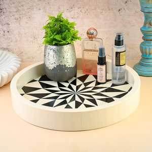 Bandeja DE SERVICIO DE MADERA moderna duradera ecológica al por mayor hecha a mano con incrustaciones de hueso blanco y negro diseño de naturaleza muerta para bodas Diwali - Product Image 2