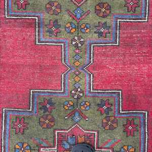 Vintage Turkish Rug, 4.2x9 ft Rug, <b>Red</b> Check <b>Wool</b> Rug - Product Image 3