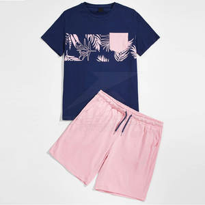 Venta en línea Conjuntos de camiseta y pantalones cortos de manga corta de algodón y poliéster ligero para hombre Transpirable para el verano - Product Image 1