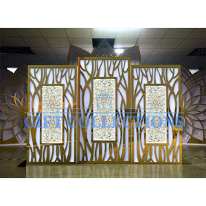 Marcos de escenario dorados deslumbrantes para bodas, decoración de eventos de escenario de recepción, telón de fondo de boda, paneles dorados, flores decorativas - Product Image 5