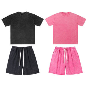 Personalizado nuevo 2025 venta al por mayor de los hombres de verano gimnasio Fitness pantalones cortos transpirables lavado ácido impreso casual conjuntos de algodón liso Jersey - Product Image 1