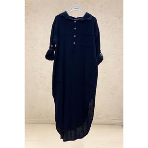 Yakalı Düğmeli Cepli Uzun Keten Elbise - Product Image 3