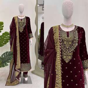 Heavy Viscose Velvet Top With Heavy Sequence Embroidered Work Dupatta Set Salwar Kameez Set Kurti <b>Pant</b> Set Wholesale Price - Product Image 4