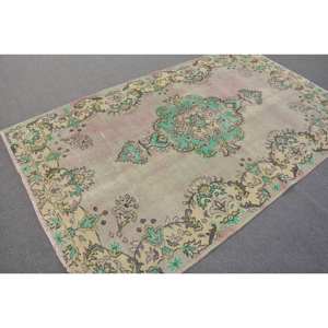 Tapis Turc Vintage 4.9x8.1ft Laine Armure Plate Latex Support Vert Beige Patchwork Motif pour Décorations de Couloir de Salon - Product Image 2