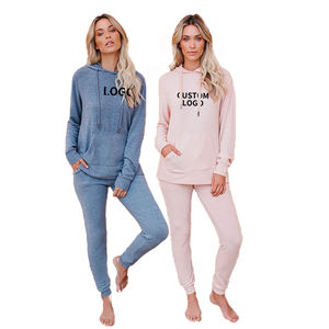 Logo personnalisé femmes grande taille XL 2 pièces survêtements respirant couleur unie à manches longues à capuche poche pantalons longs - Product Image 1