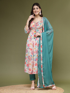 งานปักจิ๋วคุณภาพดีเยี่ยมงานกระจกพิมพ์ลายดอกไม้ Anarkali Kurti สําหรับผู้หญิงจากผู้ผลิตชาวอินเดียในราคาที่ดีที่สุดจํานวนมาก - Product Image 3