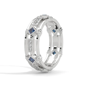Anillo de Eternidad Moderno de Plata de Ley con Diamantes y Zafiro Azul Cuadrado, Diseño Elegante y Atemporal - Product Image 1