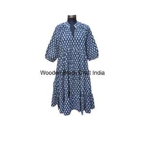 Bloque de mano impreso elegante algodón Himanshi vestido para mujer India hecho a mano hermoso cómodo verano desgaste Midi vestido - Product Image 1