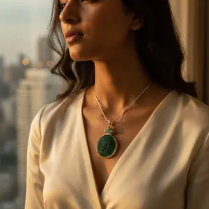 Collar con Colgante Floral de Jade y Plata 925 para Compromiso y Boda - Cadena de Eslabones Chapada en Oro - Product Image 2