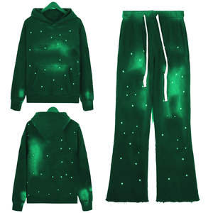 Chándal bordado desgastado de lana de algodón 100%, pantalones de chándal acampanados con lavado ácido para invierno, chándal de diamantes de imitación para hombres - Product Image 5