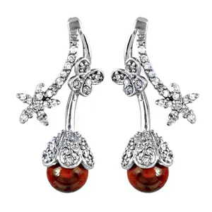 "Floral Design Silver <b>Red</b> Gemstone <b>Drop</b> <b>Earrings</b> for Women" - Product Image 1